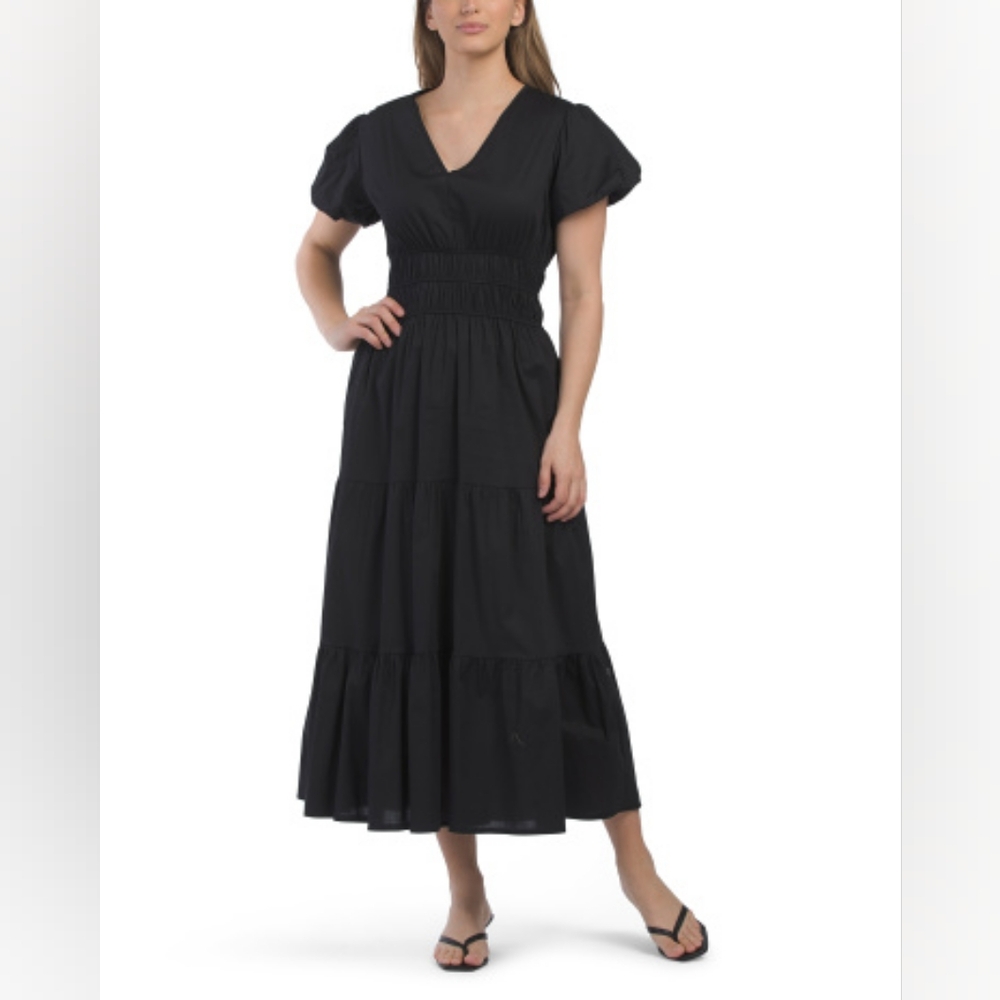 NWT - Italy Cotton Poplin Stretch Puff Sleeve Ruched Waist Maxi Dress- Size M
